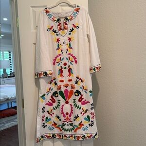 Soft Surroundings White Multicolor Embroidered Long Sleeve Dress